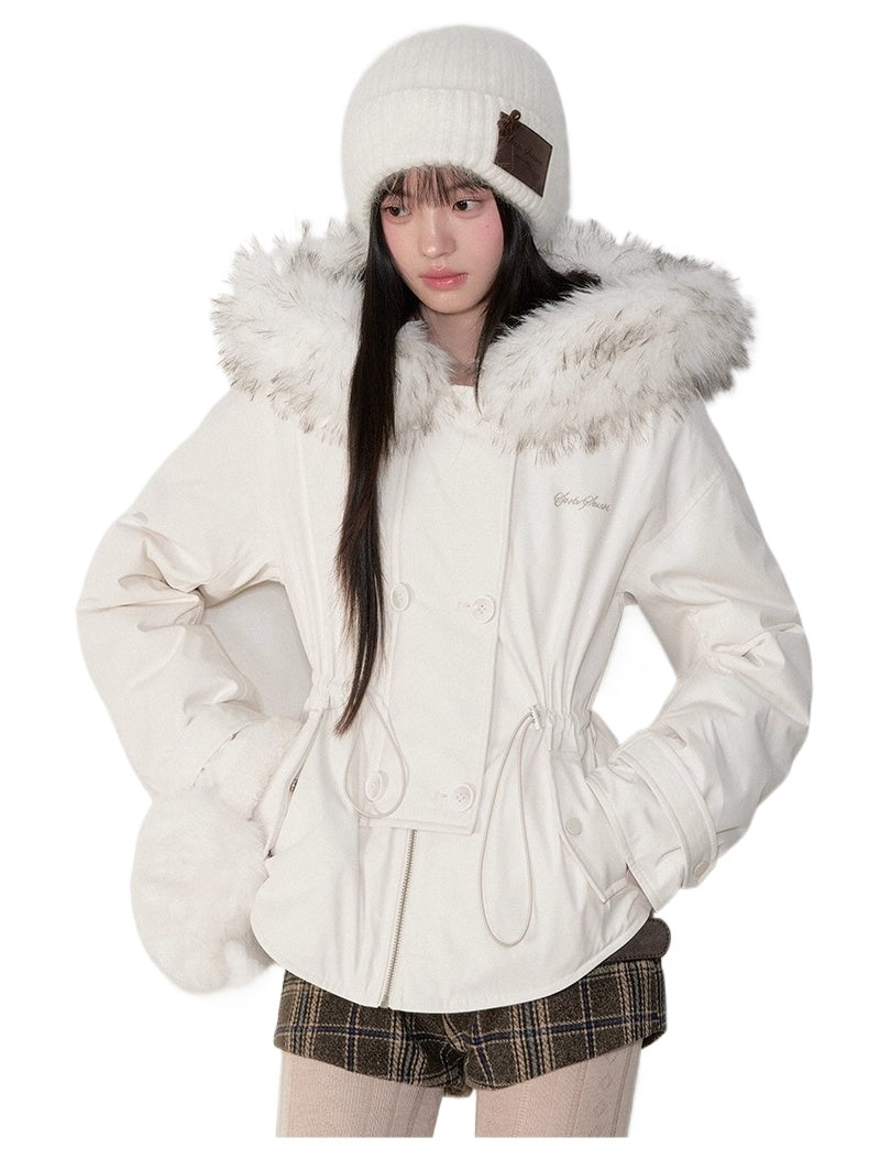 Faux Fur Collar Double-Breasted Down Parka Jacket - CHINASQUAD