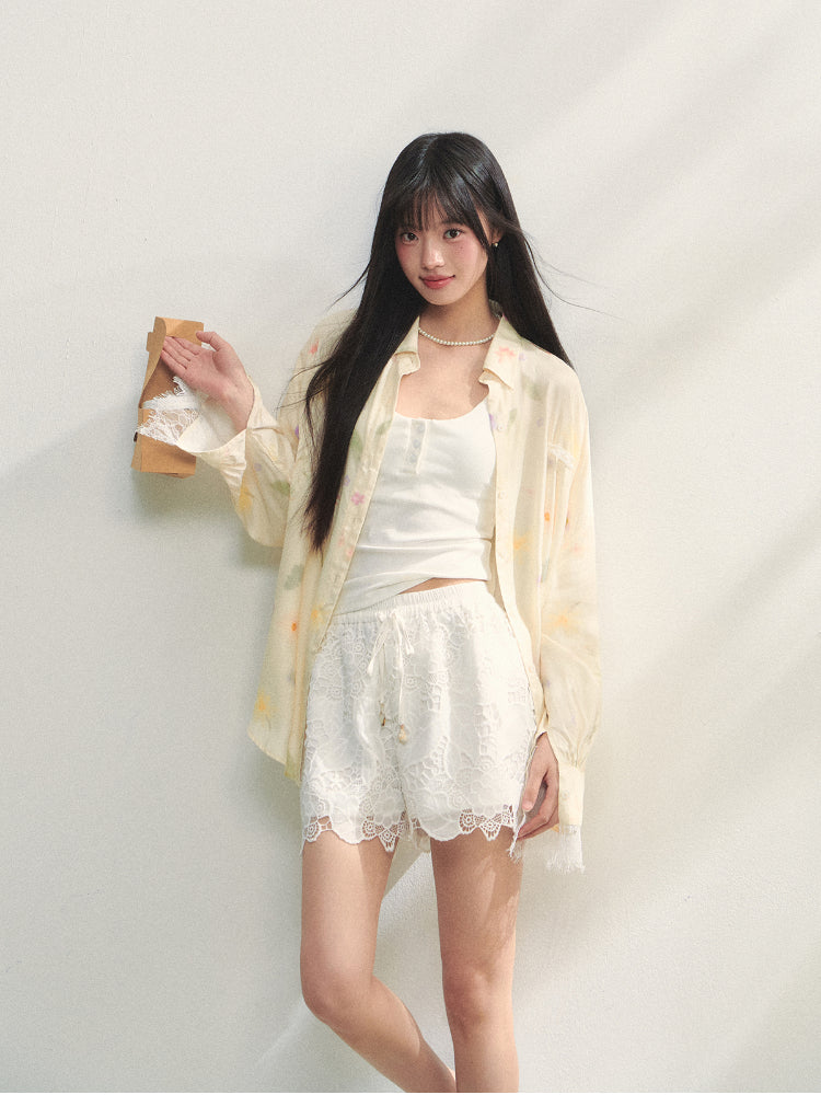 White Lace Hollow-Out Tie-Up Shorts