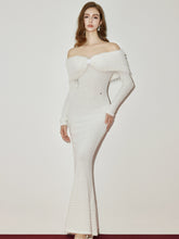 Off-Shoulder Fur Collar Feather Yarn Dress - CHINASQUAD