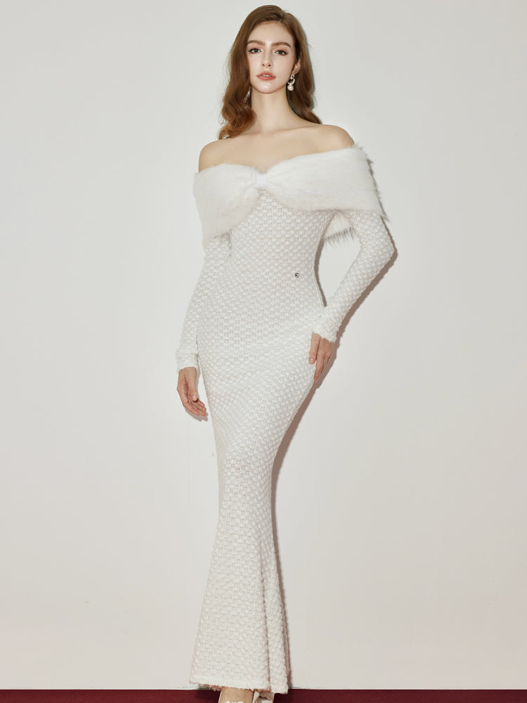 Off-Shoulder Fur Collar Feather Yarn Dress - CHINASQUAD