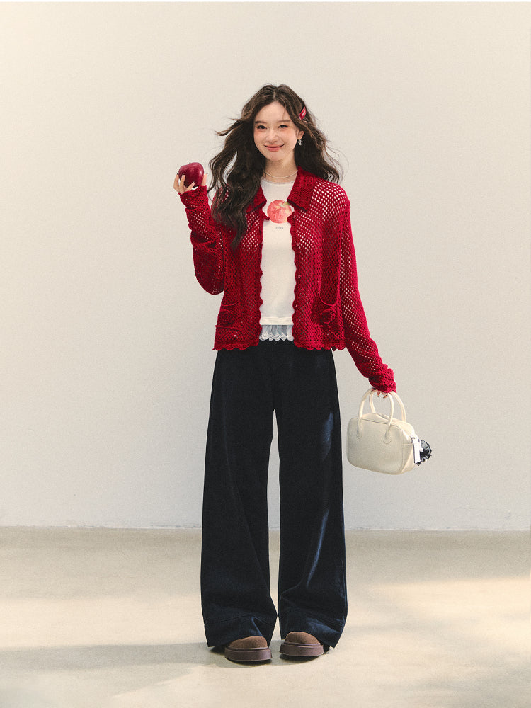 Hollow-out 3D Flower Crochet Lapel Cardigan - CHINASQUAD