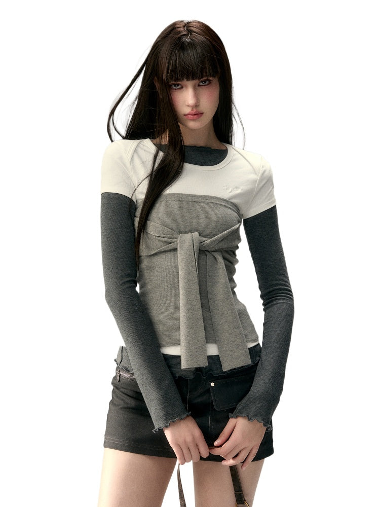 Gray & Navy Blue Tie-Knitted Top - CHINASQUAD