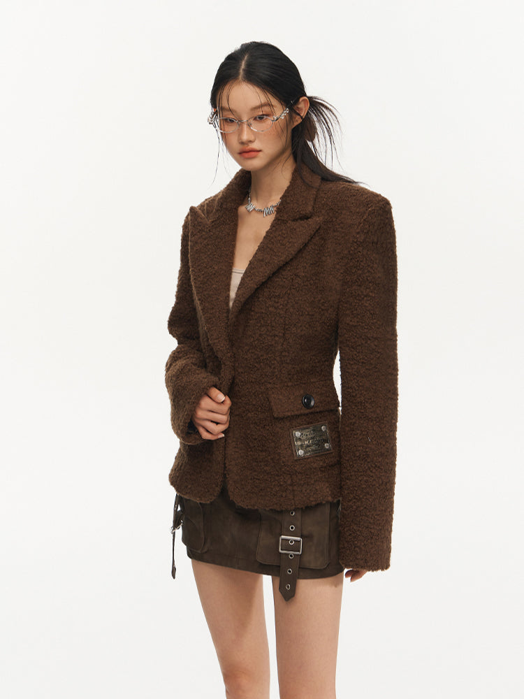 Brown Vintage Waist Woolen Blazer - CHINASQUAD