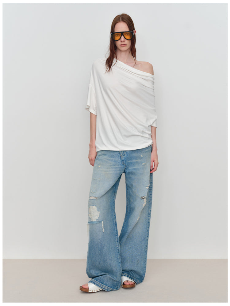 Slant One-Shoulder Swing Neck T-Shirt