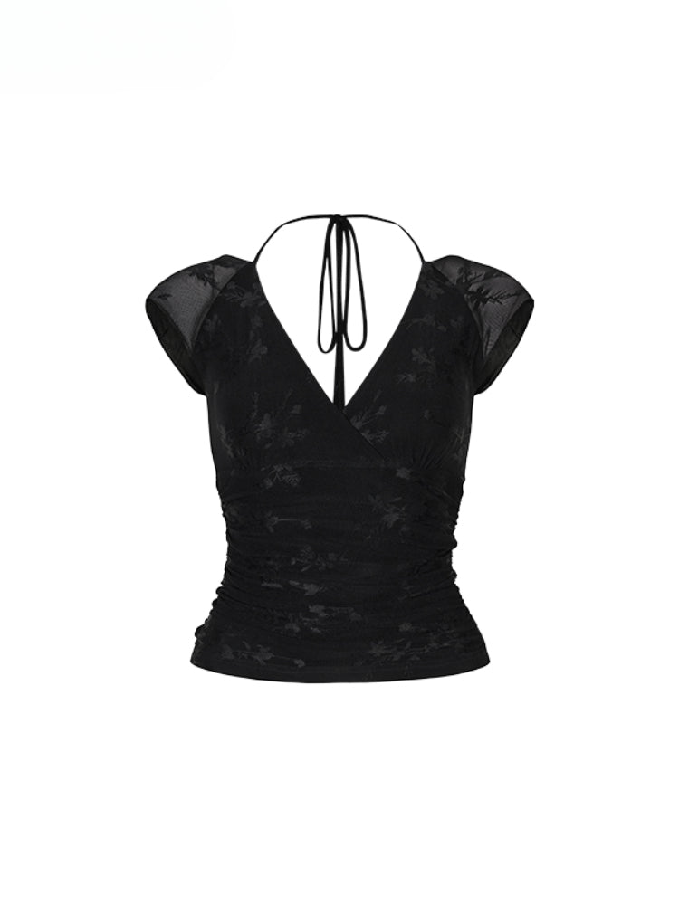 Mesh Jacquard Halter Lace Short-sleeve T-shirt