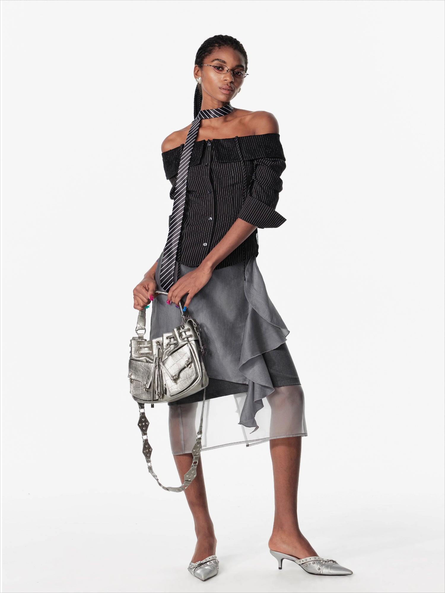 Lace Shoulder Strap Off-Shoulder Shirt - CHINASQUAD