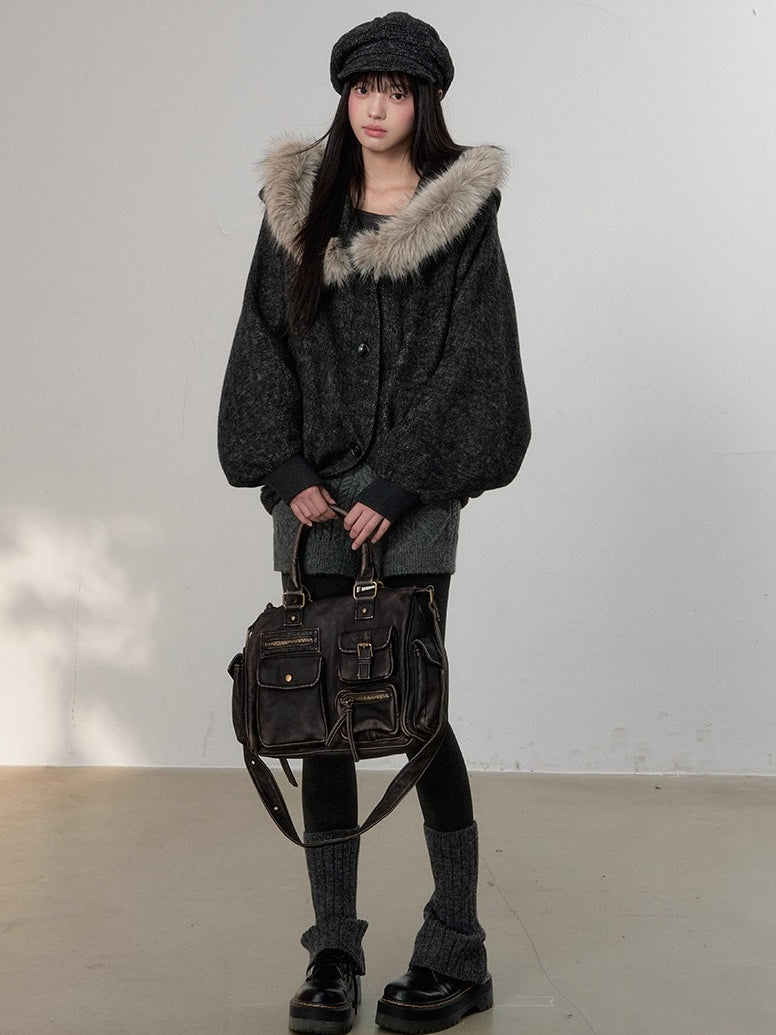 Fur Collar Wool-Blend Batwing Cape