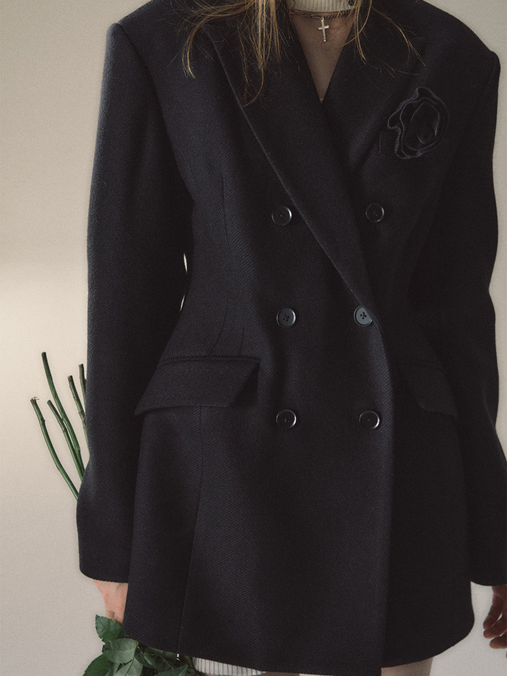Black & Apricot Double-breasted Wool Blazer - CHINASQUAD