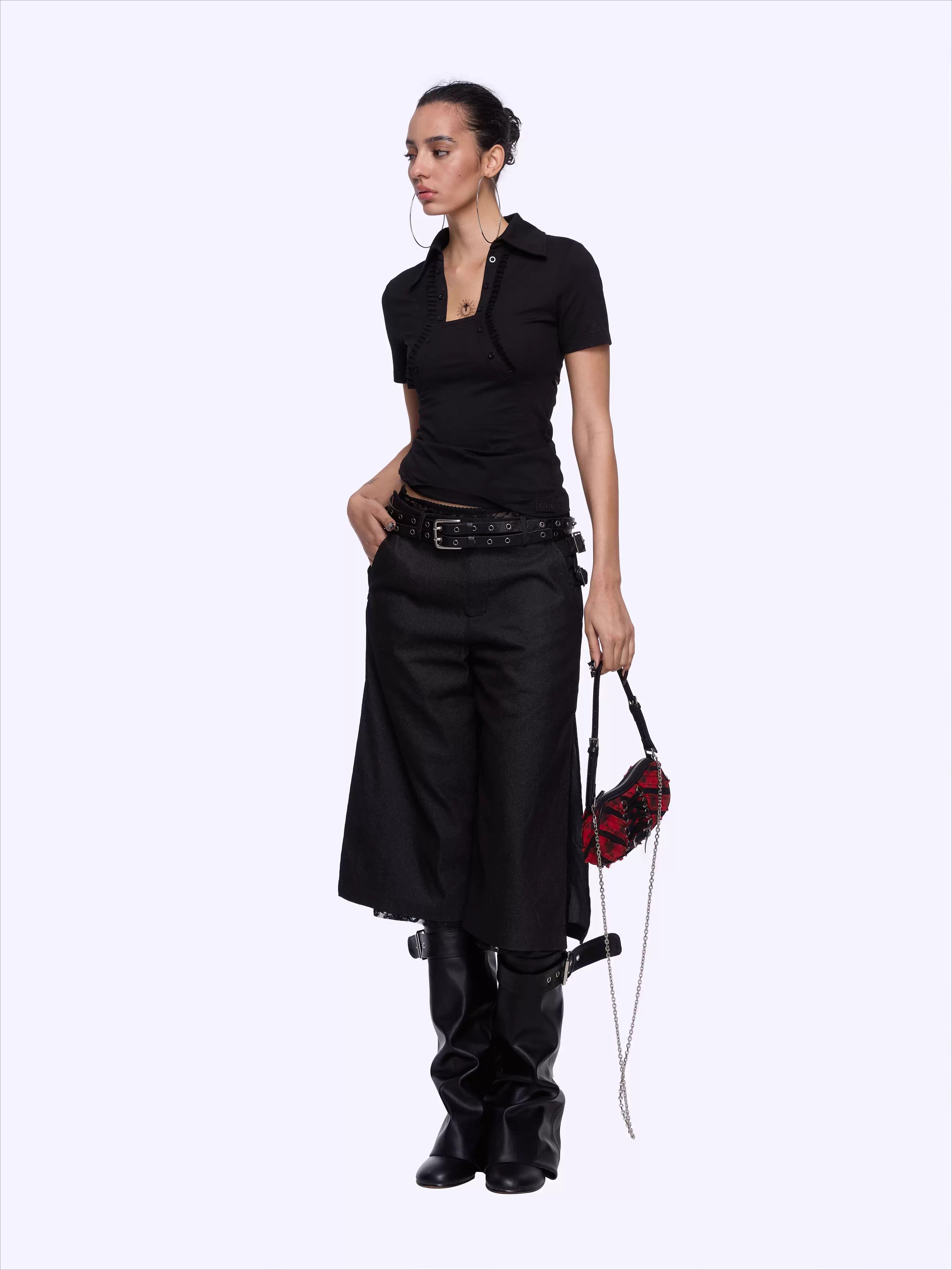 Backless Letter Print Lace-Trim Polo T-Shirt