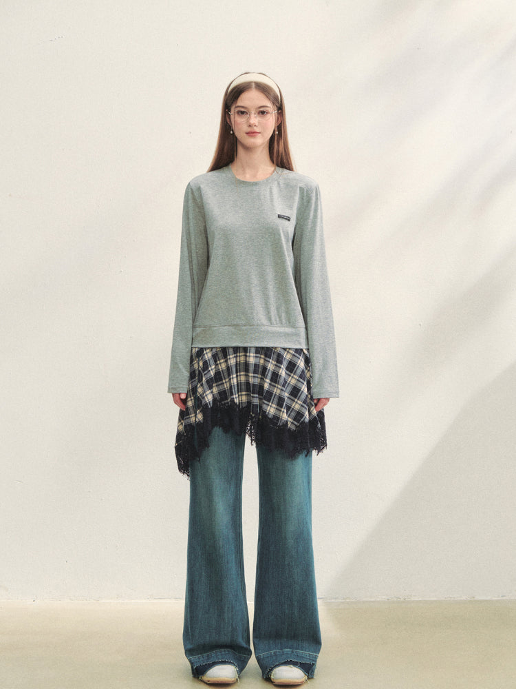 Plaid Lace Patchwork Knit Dress - CHINASQUAD