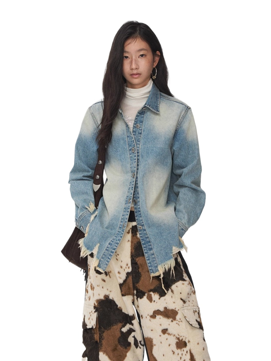 Vintage Washed Frayed Denim Fitted Shirt - CHINASQUAD