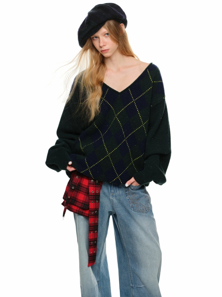 Argyle V-Neck Loose Knit Sweater - CHINASQUAD