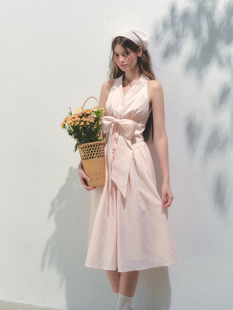 Halter V-neck Sling Bow Dress - CHINASQUAD