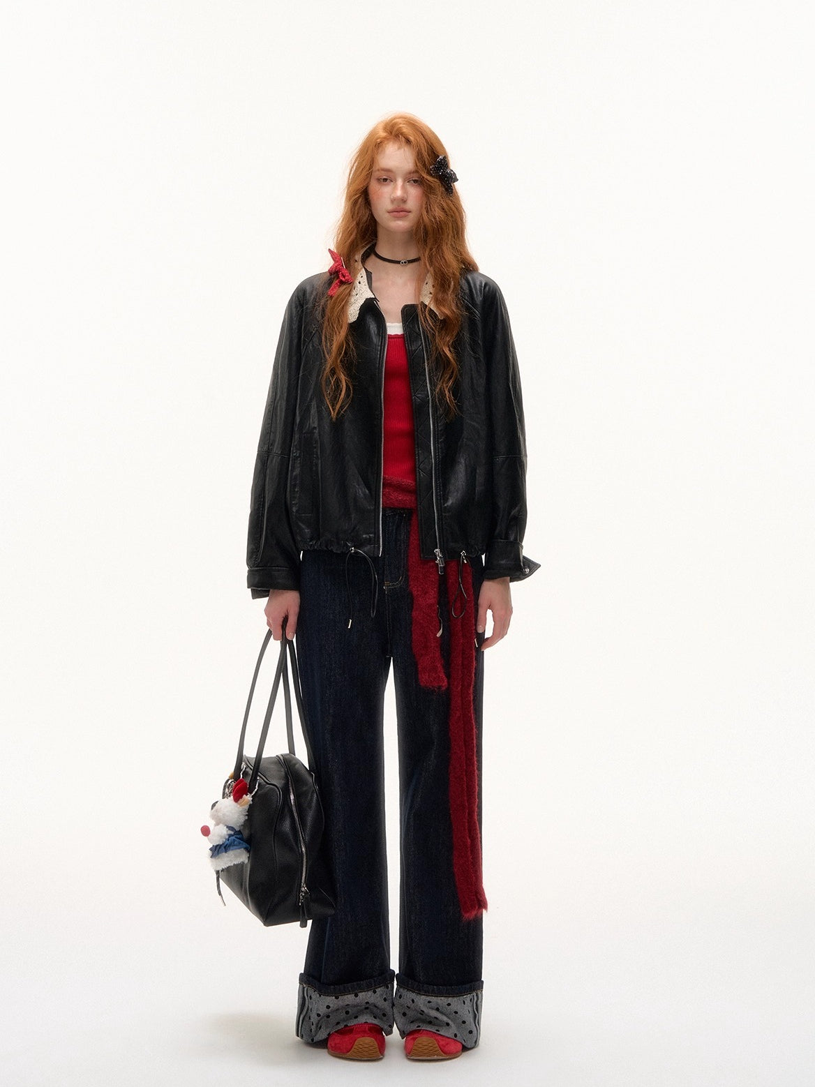 Contrast Cuff Polka Dot Denim Straight-Leg Jeans - CHINASQUAD