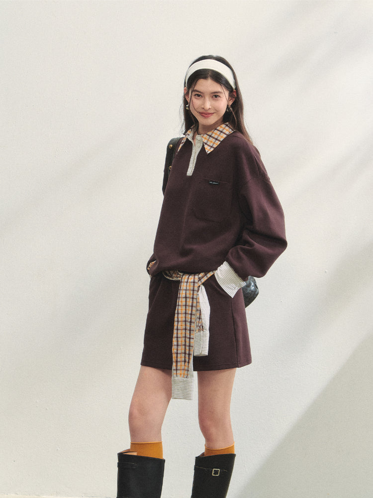 Fake Two-Piece Checkered Shirt Panel Sweatshirt - CHINASQUAD