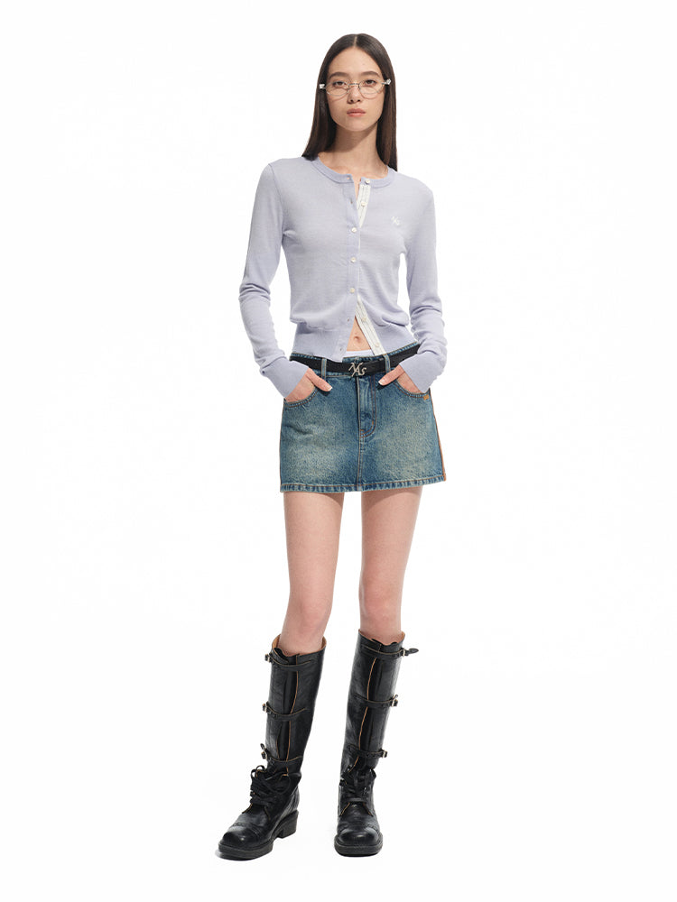 Washed Denim Twill Leather Patchwork Mini Skirt - CHINASQUAD
