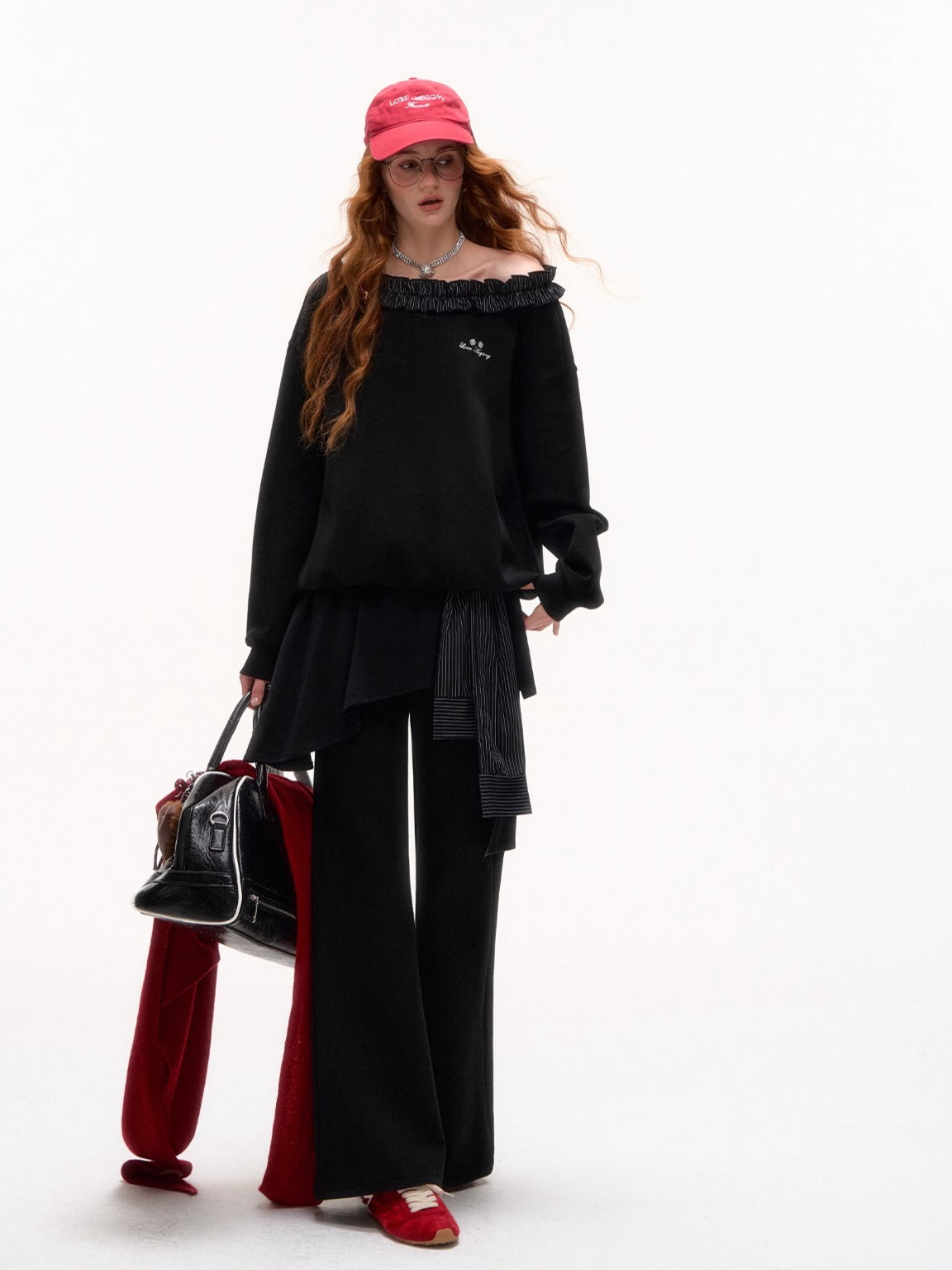 Stripe Ruffled Off-shoulder Sweatshirt - CHINASQUAD