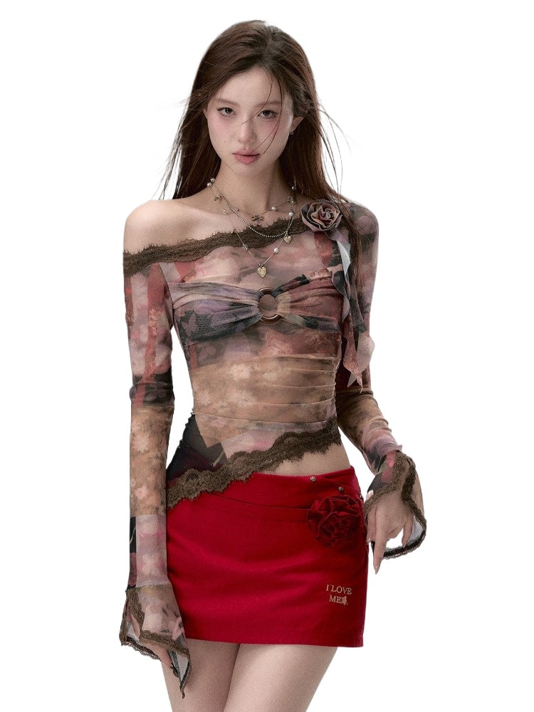 Lace Paneling Mesh Off-the-Shoulder Blouse - CHINASQUAD