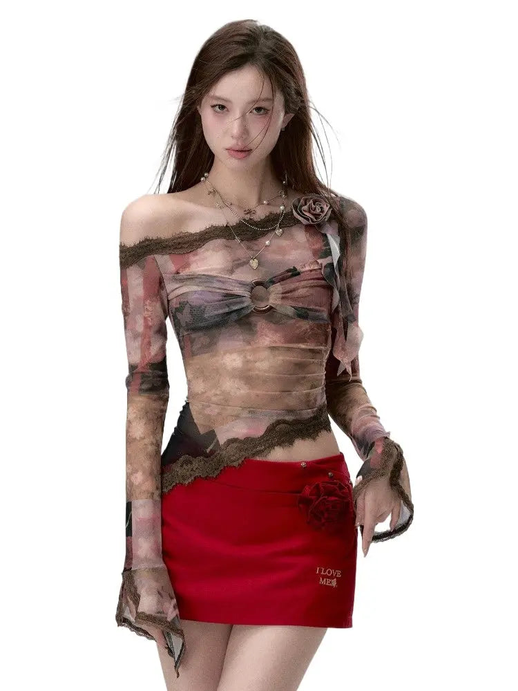 Lace Paneling Mesh Off-the-Shoulder Blouse - CHINASQUAD