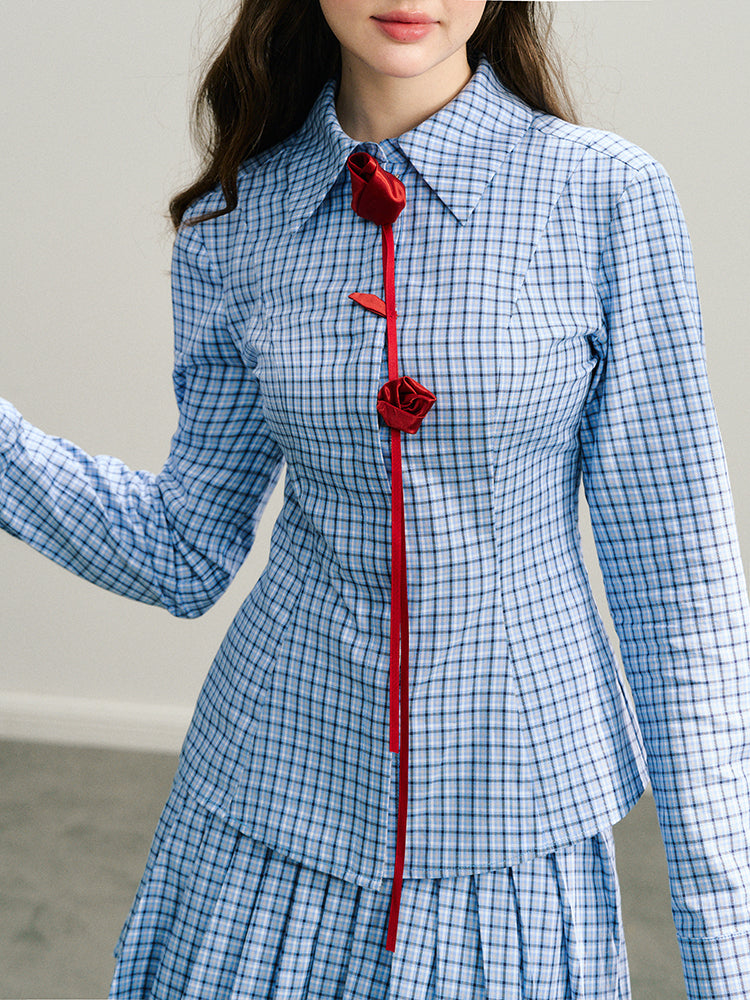 Red Rose & Navy Blue Rose Checkered Shirt - CHINASQUAD