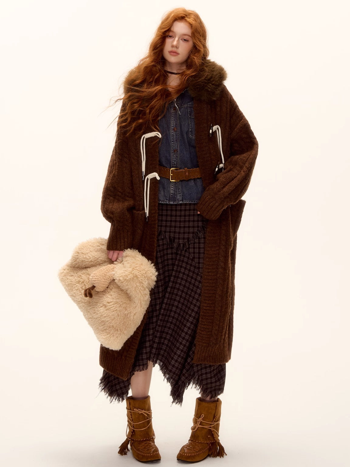 Detachable Fur Collar Cable-Knit Duffle Coat