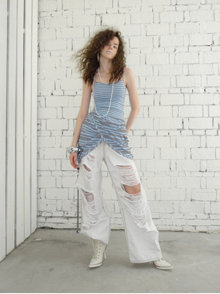 Blue-Gray Striped Two-Way Beaded Swing Collar Tank Top - CHINASQUAD
