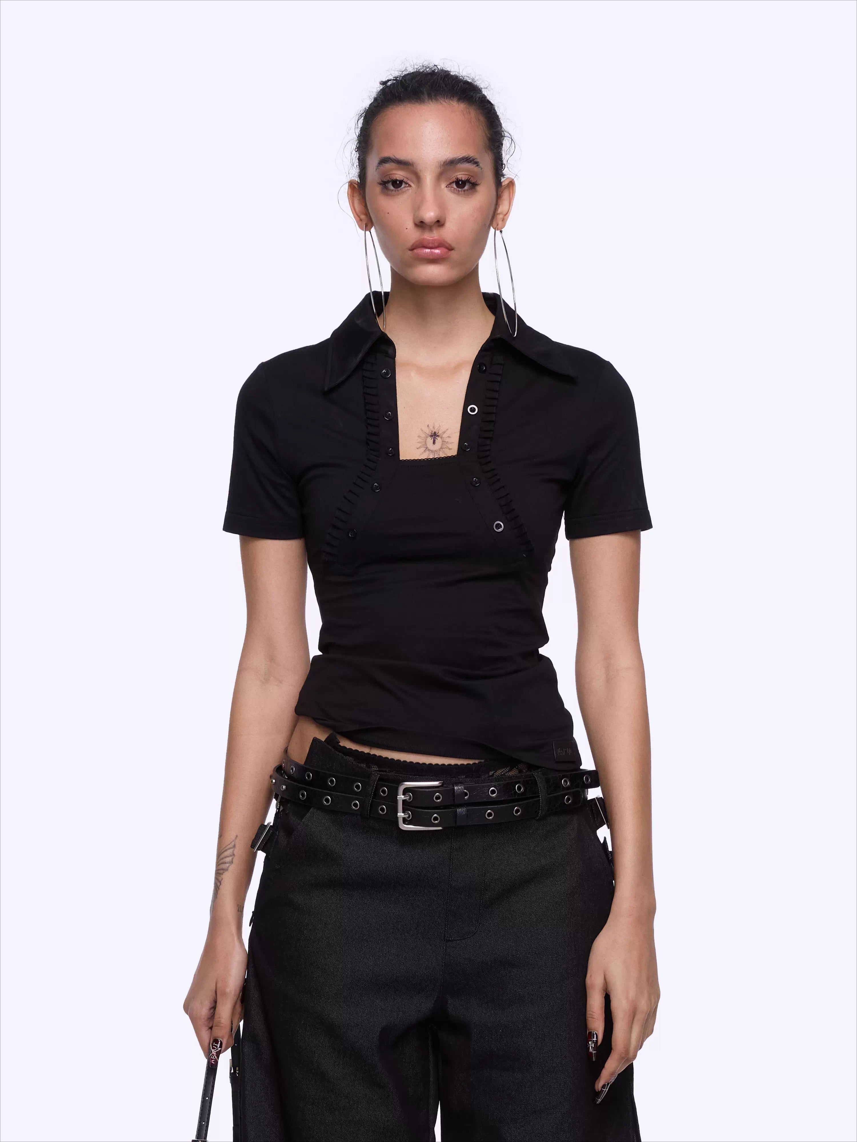 Backless Letter Print Lace-Trim Polo T-Shirt