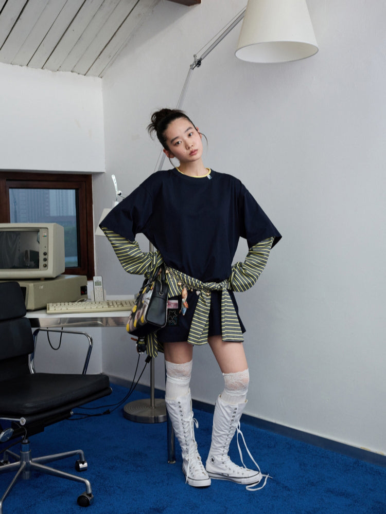 Fake Two-Piece Contrast Color Loose Striped T-Shirt - CHINASQUAD