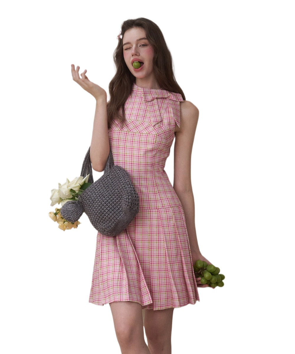 Mint & Strawberry Check Halter Dress - CHINASQUAD