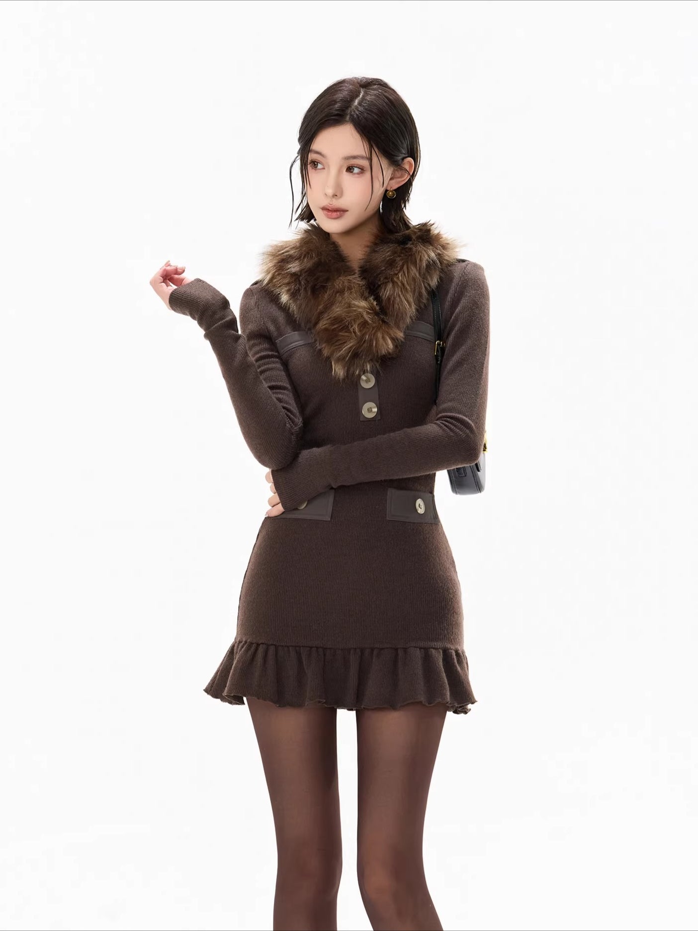 Cold Heiress Detachable Fur-Collar Mini Dress