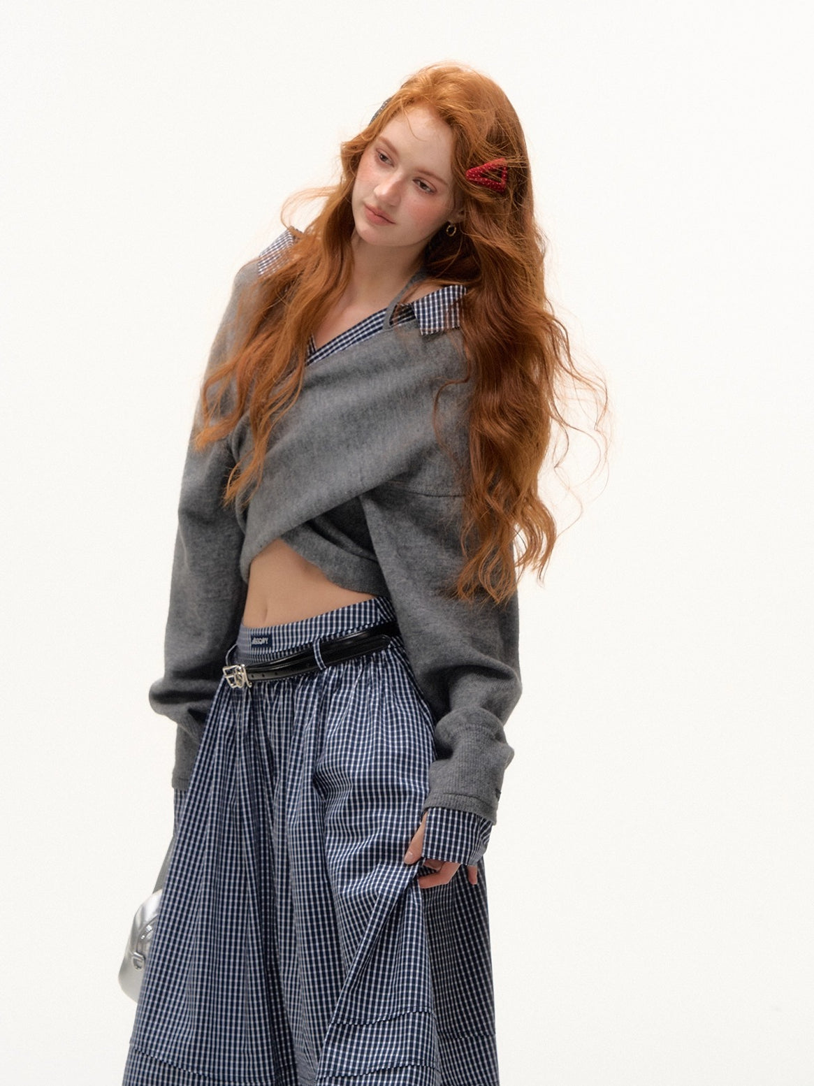 Off-Shoulder Plaid Panel Cross Sweatshirt - CHINASQUAD