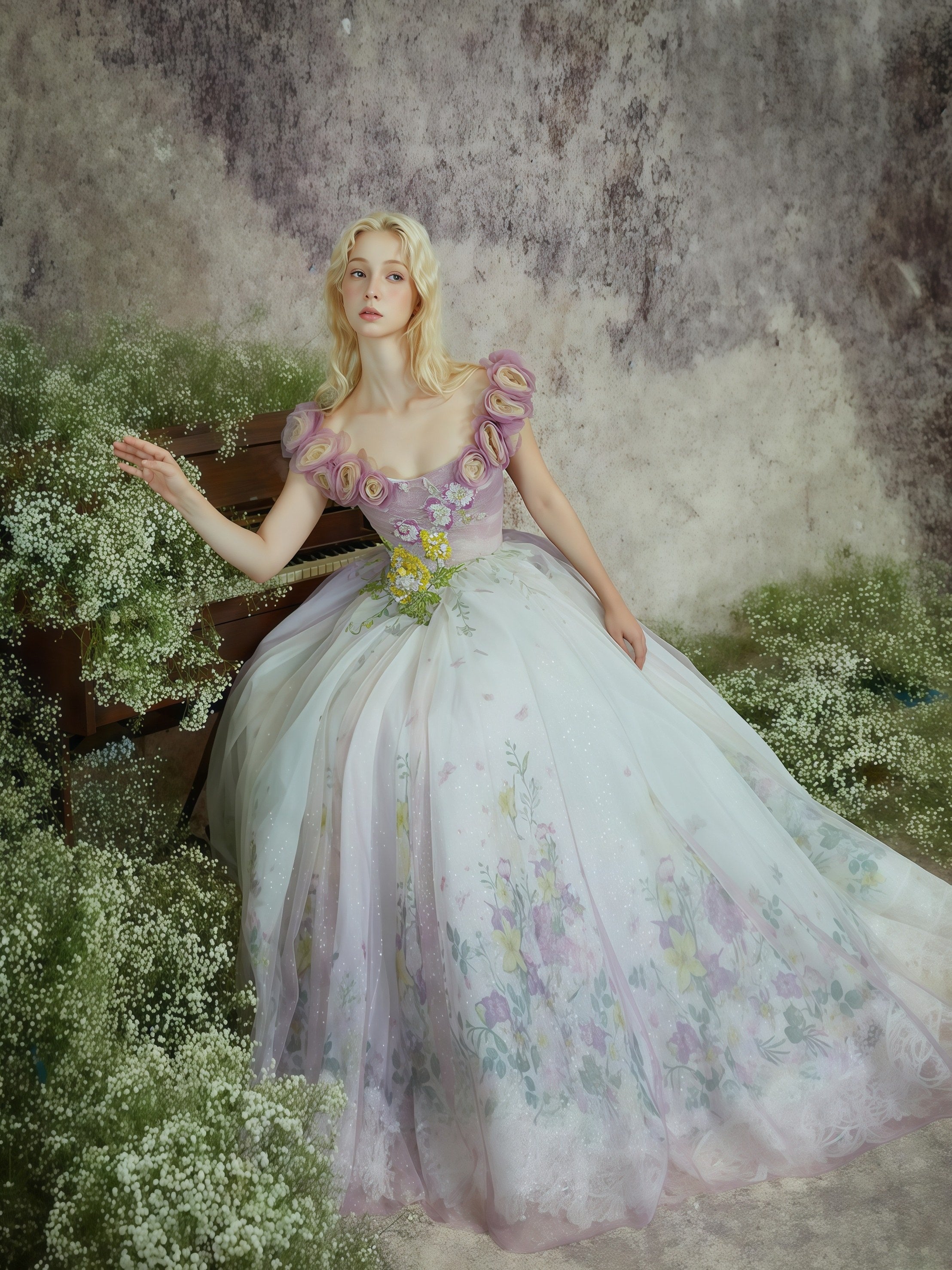 Flora Mist Embroidered Off-Shoulder Ball Gown