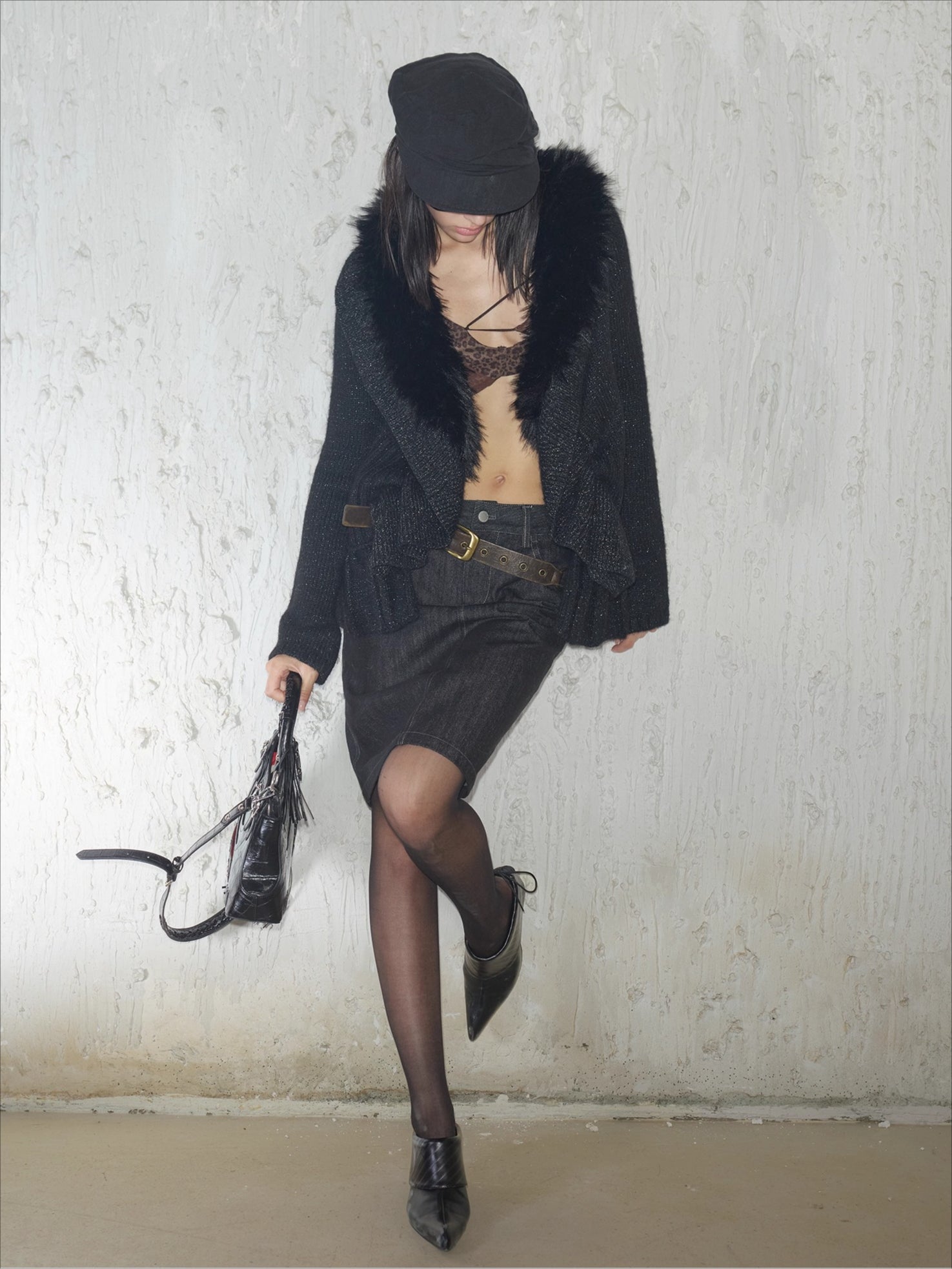 Oversized Wool-Collar Knit Cardigan Coat