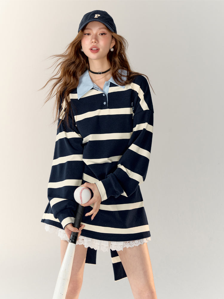 Color-block Rose Embroidery Striped Polo Dress - CHINASQUAD
