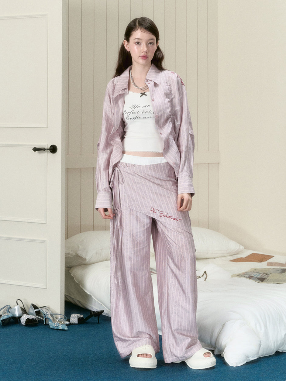 Deep Pink & Light Pink Striped Ruched Shirt - CHINASQUAD