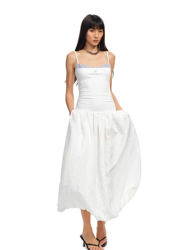 Color - Block Splicing Strappy Puff Dress - CHINASQUAD