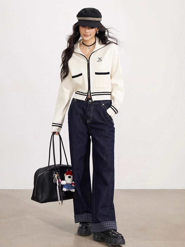 Contrast Trim Zip-Up Sailor Collar Knit Cardigan - CHINASQUAD