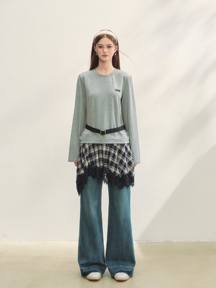 Plaid Lace Patchwork Knit Dress - CHINASQUAD