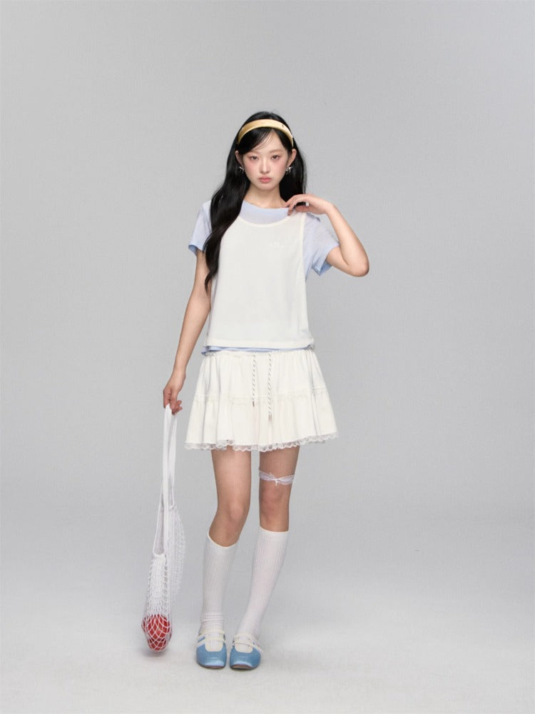 High-waisted Drawstring Lace-spliced Tiered Skirt - CHINASQUAD