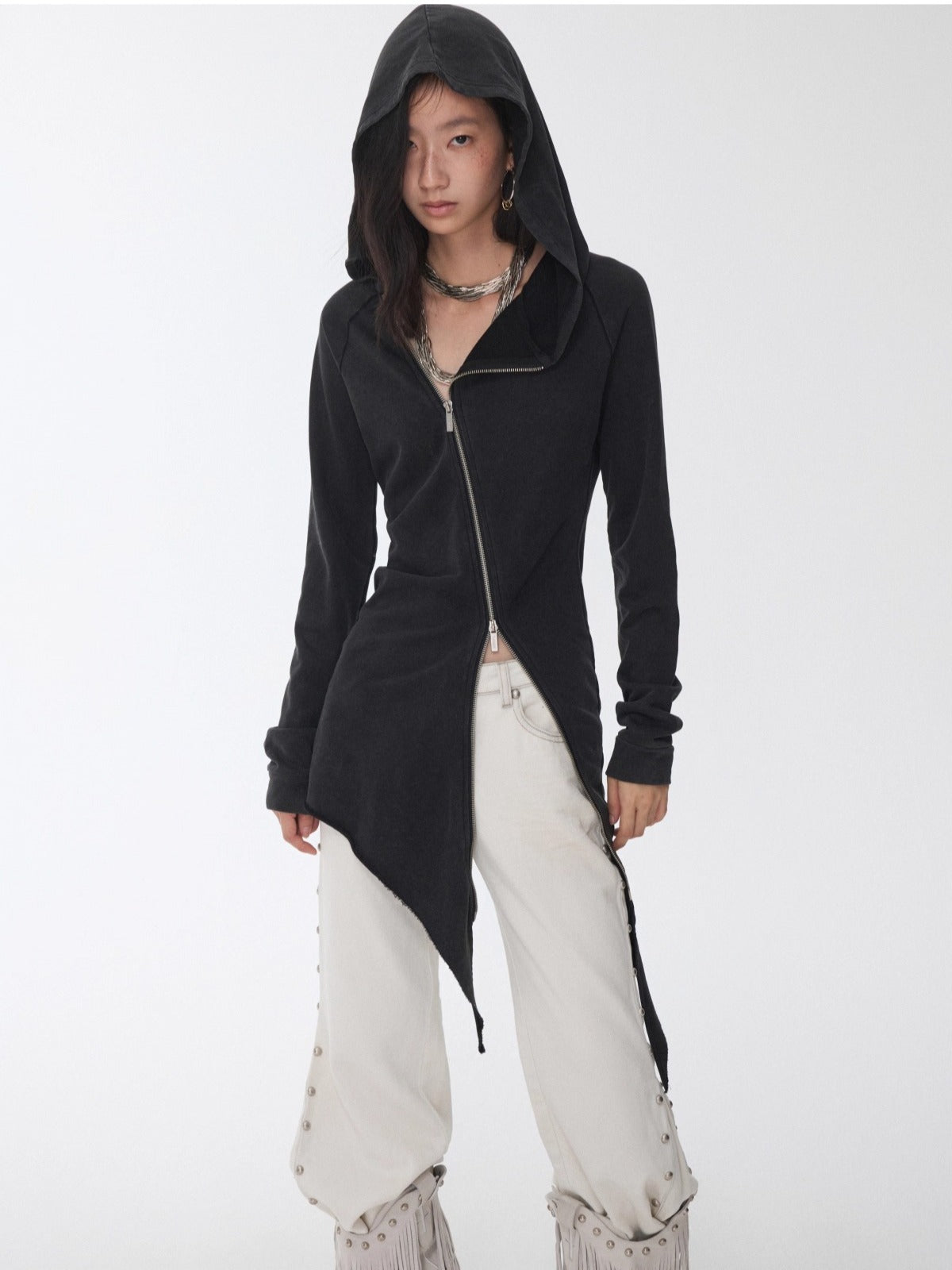 Washed Rhinestone Studded Deconstructed Hoodie Dress - CHINASQUAD