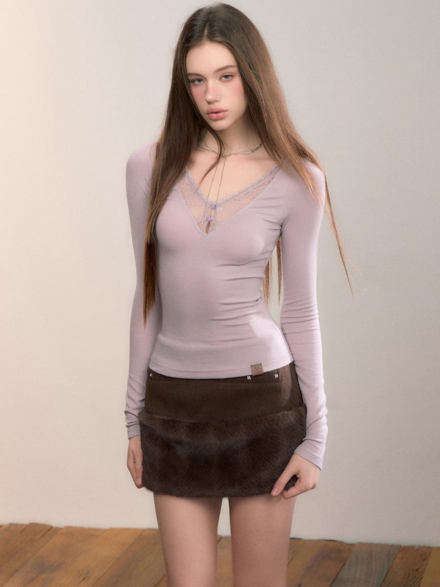 Faux Fur-Trimmed Wool Blend Mini Skirt