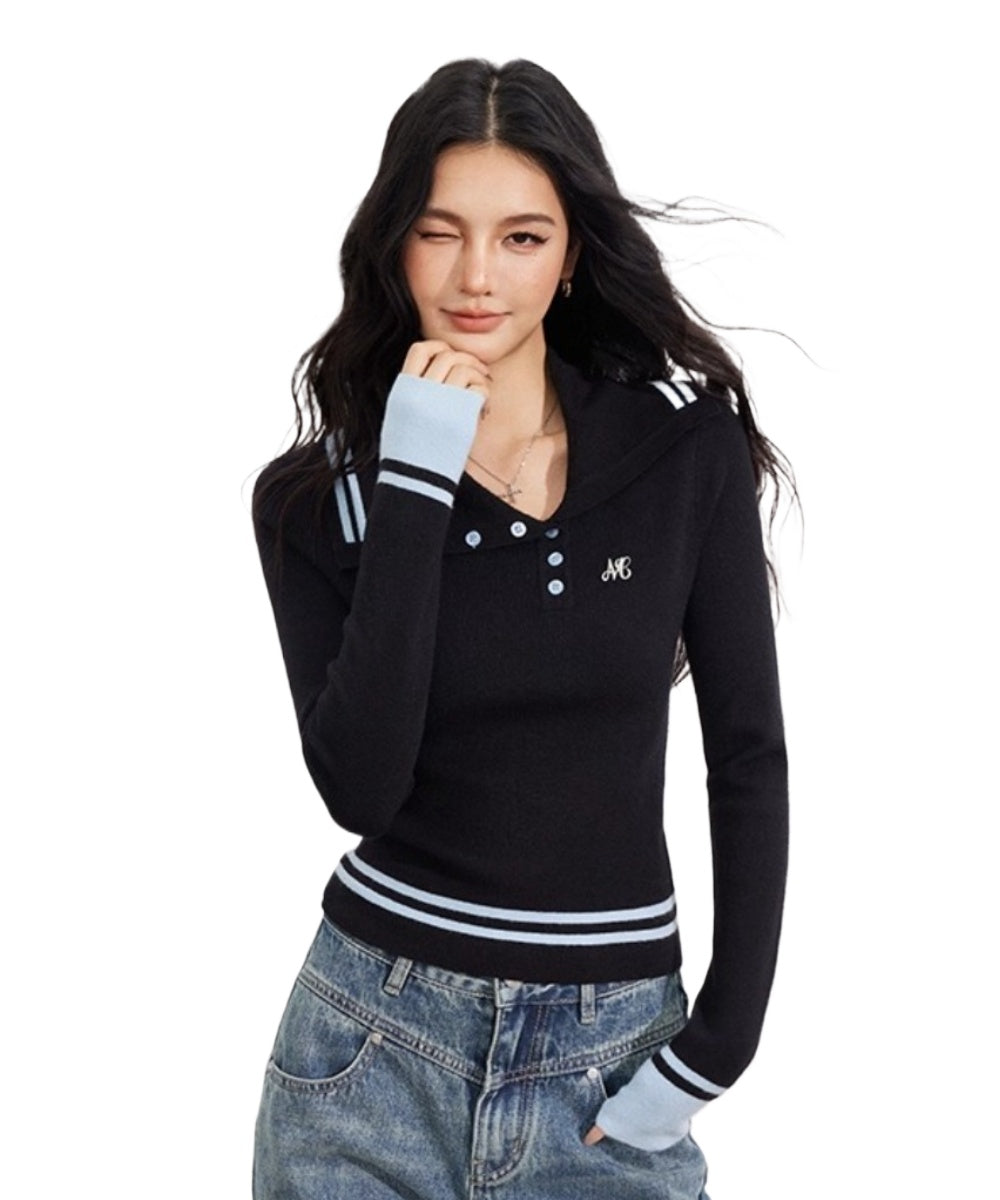Sailor Collar Colorblock Knit V-neck - CHINASQUAD