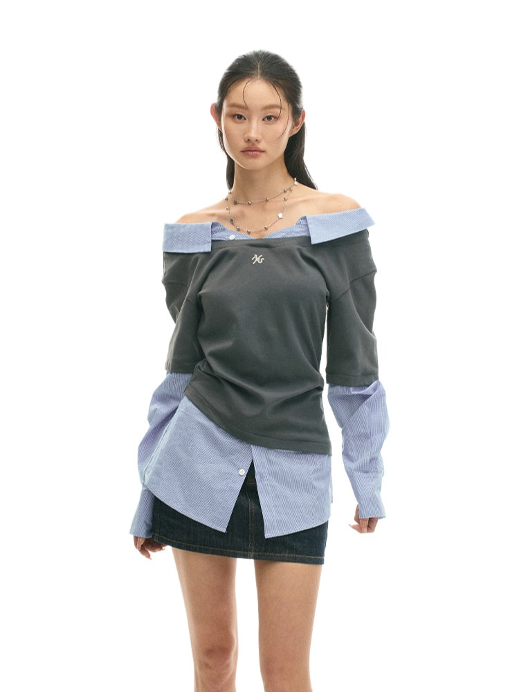 Off-shoulder Slimming Shirt Patchwork T-shirt - CHINASQUAD