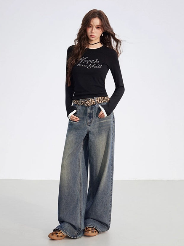Dual-Layer Letter Embellished Slim-Fit T-Shirt