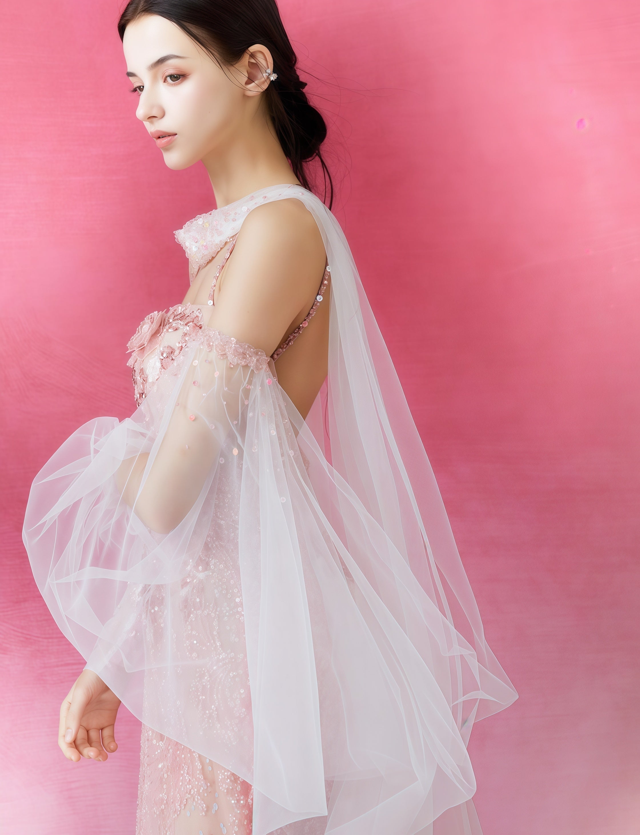 Rosé Illusion Embroidered Tulle Cape Gown