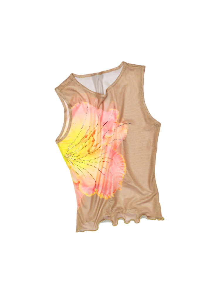 Floral Print Rhinestone Mesh Vest - CHINASQUAD