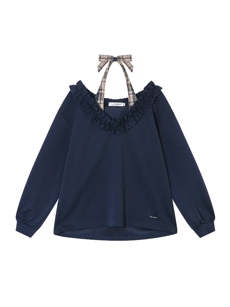 V-neck Ruffle Plaid Spliced Halter Sweatshirt - CHINASQUAD