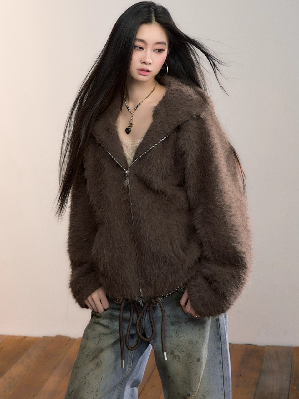 Fuzzy Hooded Plush Sweatshirt Jacket