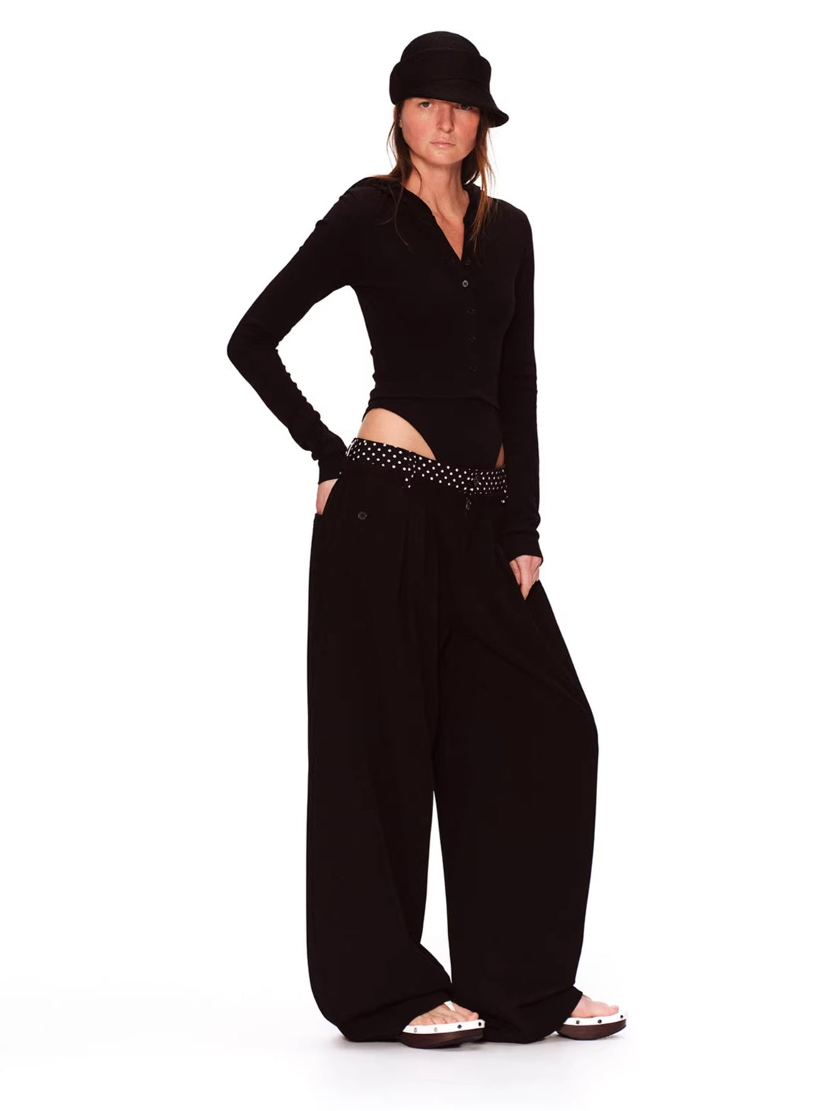 Double-Waist Polka Dot Wide-Leg Trousers