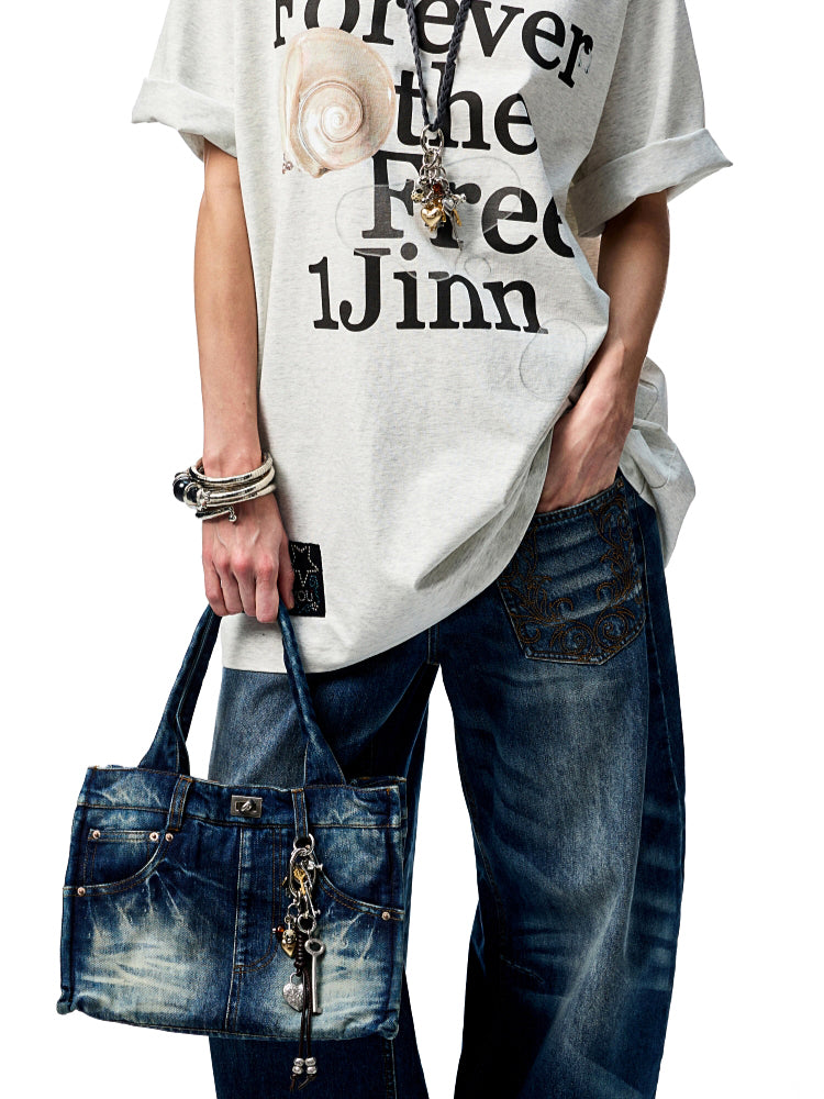 Distressed Printed Denim Tote Bag - CHINASQUAD